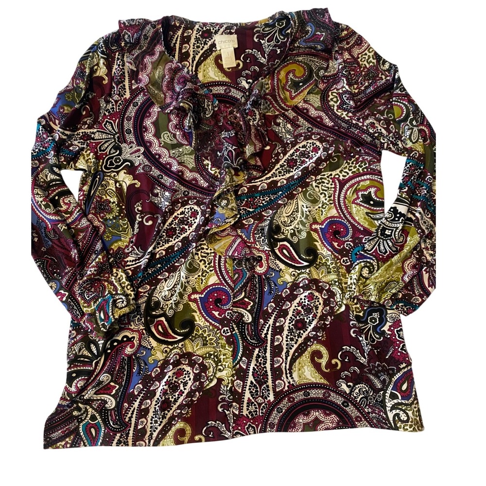 Chicos Paisley ‎ Long Sleeve Blouse Women's Size 1/M/8 Ruffle Boho